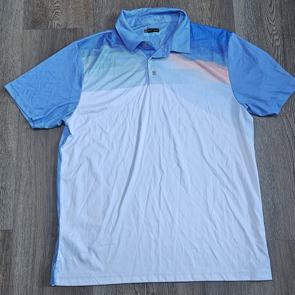 Mens XL Golf Polo Lightweight Shirt PGA Tour Pro Series White Blue w/ Collar